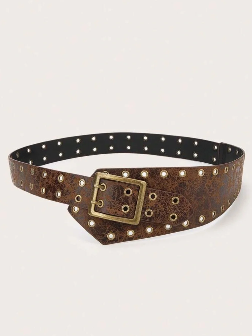 Brown Studded Wide Leather Belt with Antique Gold Buckle
